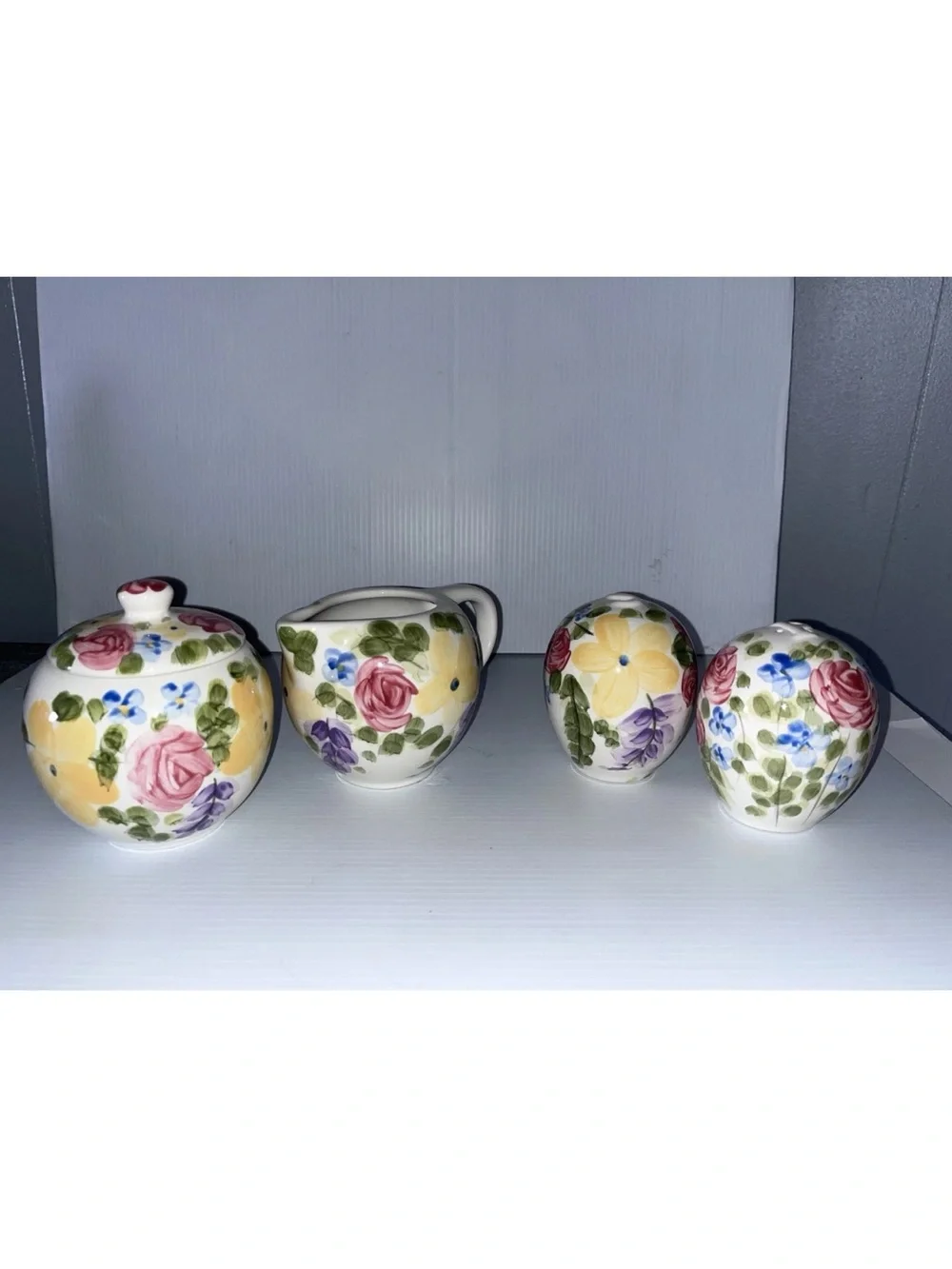 Hand-Painted Floral Ceramic Sugar, Creamer & Shakers Set - Multicolor